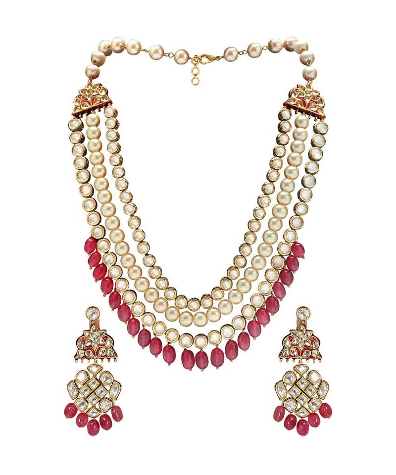 Wedding Kundan Earring & Necklace Set With Red Semi Precious Drops & Pearls