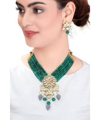 Classic Necklace & Earing  Set In A Beautiful Amalgamation Of Green Jade, Grey Quartz, Kundan. &  Pearls 1