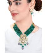 Classic Necklace & Earing  Set In A Beautiful Amalgamation Of Green Jade, Grey Quartz, Kundan. &  Pearls