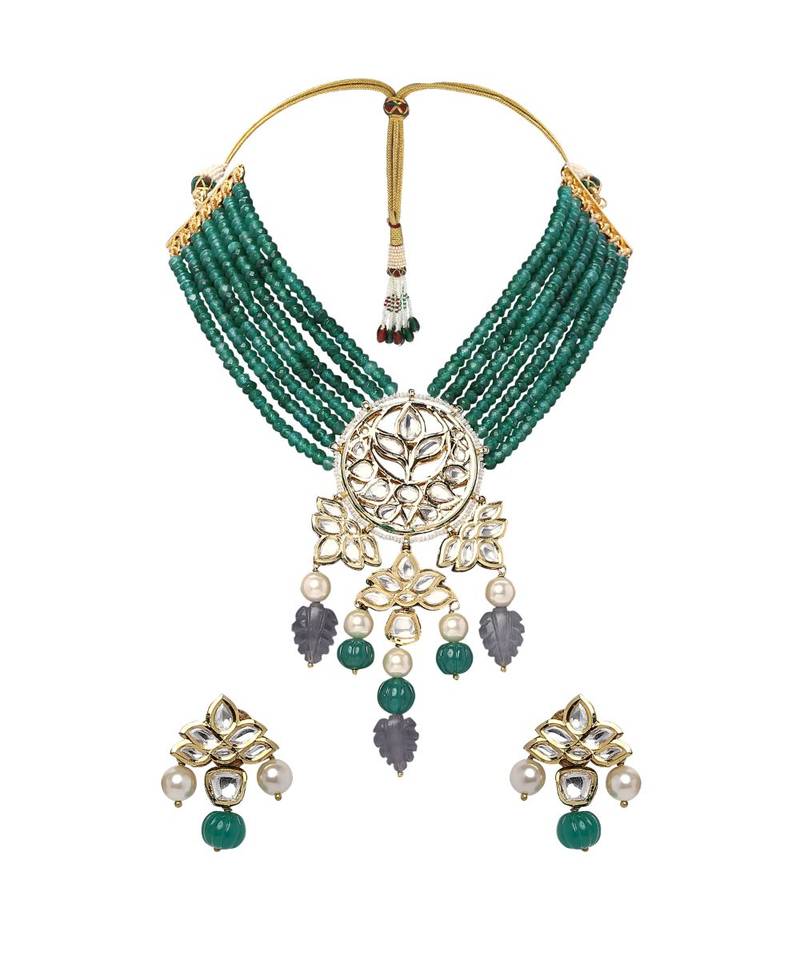 Classic Necklace & Earing  Set In A Beautiful Amalgamation Of Green Jade, Grey Quartz, Kundan. &  Pearls