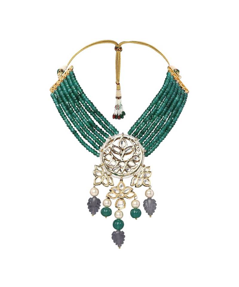 Classic Necklace & Earing  Set In A Beautiful Amalgamation Of Green Jade, Grey Quartz, Kundan. &  Pearls