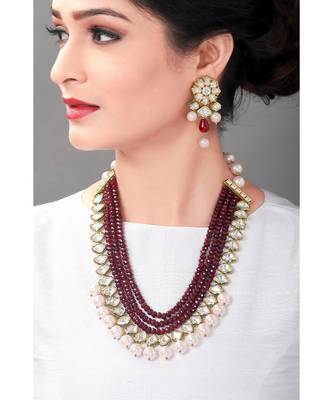 Handcrafted Wedding Necklace Set With Red Agate Beads & Kundan 1