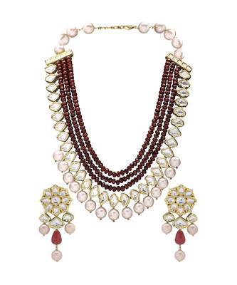 Handcrafted Wedding Necklace Set With Red Agate Beads & Kundan 2