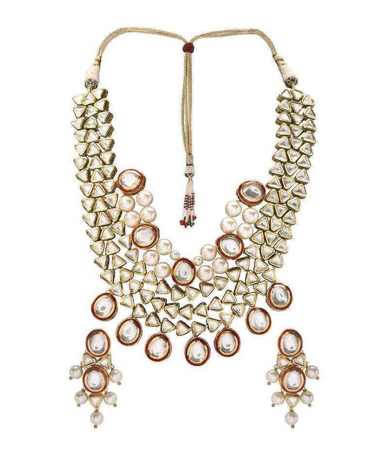 Kundan Choker Set With Red Enamelling &  Pearls