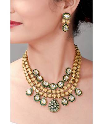 Kundan Earring & Necklace Set With Green Enamelling 1
