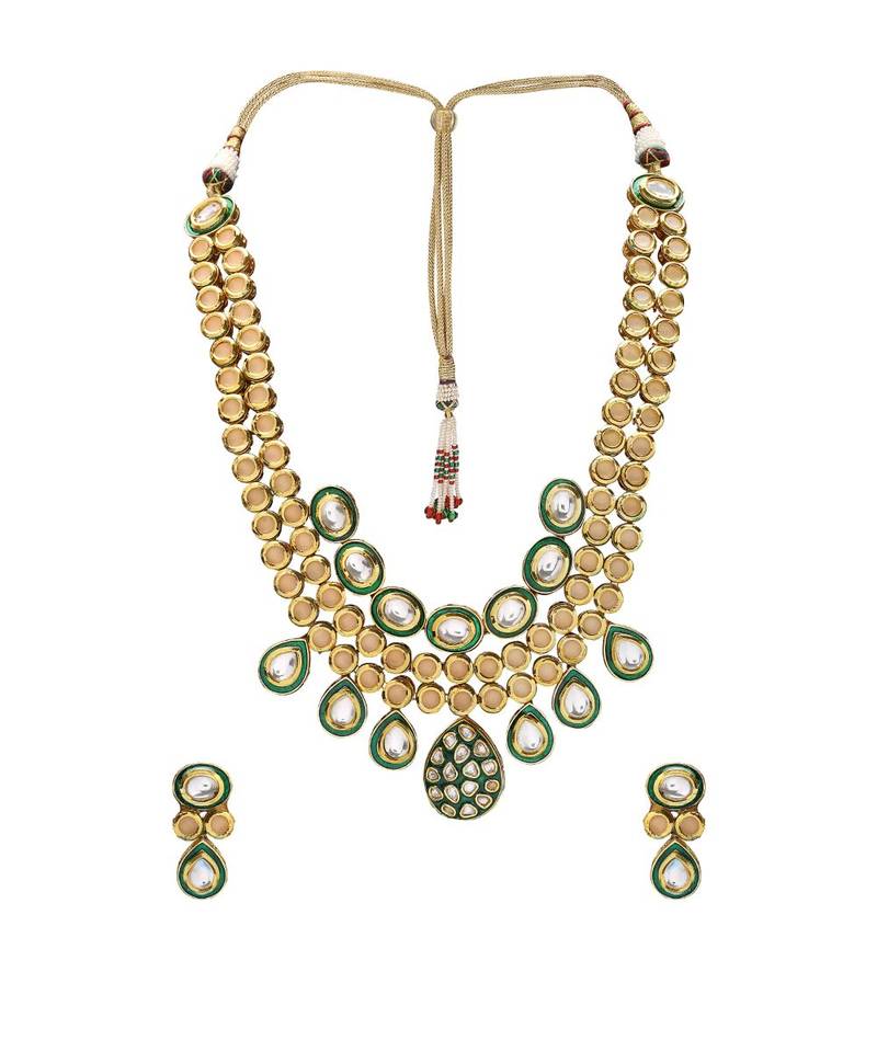 Kundan Earring & Necklace Set With Green Enamelling