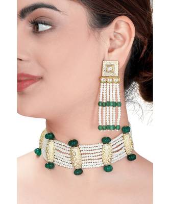 Contemporary Earring & Choker Set With Kundan,  Pearls & Green Semi Precious Stones 1