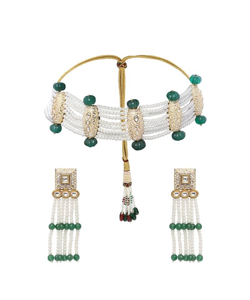 Contemporary Earring & Choker Set With Kundan,  Pearls & Green Semi Precious Stones