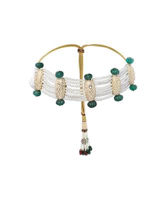 Contemporary Earring & Choker Set With Kundan,  Pearls & Green Semi Precious Stones 3