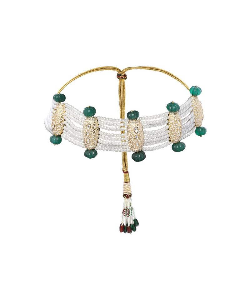 Contemporary Earring & Choker Set With Kundan,  Pearls & Green Semi Precious Stones