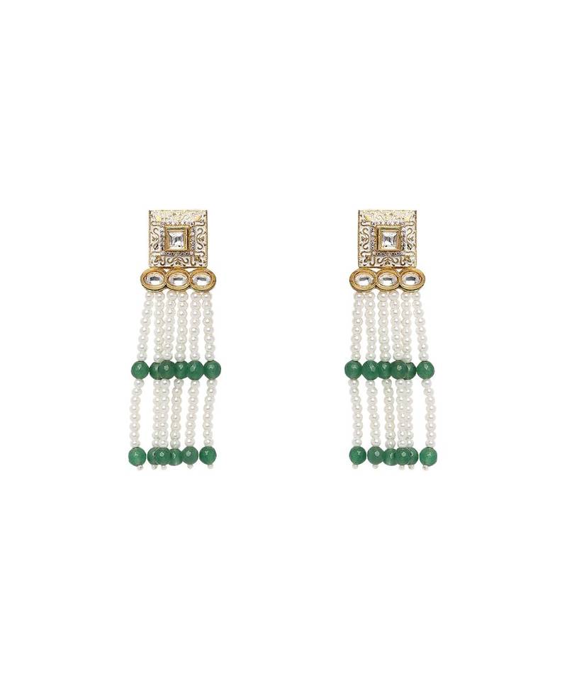 Contemporary Earring & Choker Set With Kundan,  Pearls & Green Semi Precious Stones