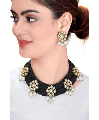 Black Satin Threaded Necklace Set With Kundan Polki Pendants & Pearls 1