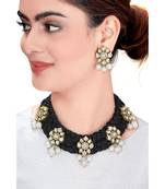 Black Satin Threaded Necklace Set With Kundan Polki Pendants & Pearls
