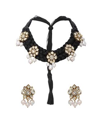 Black Satin Threaded Necklace Set With Kundan Polki Pendants & Pearls 2