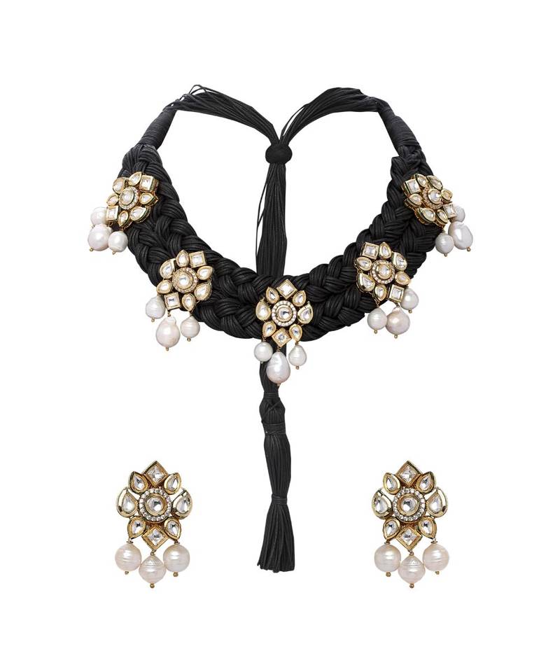 Black Satin Threaded Necklace Set With Kundan Polki Pendants & Pearls