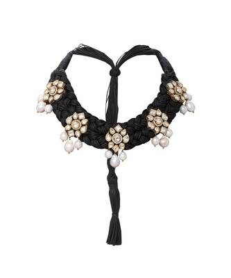 Black Satin Threaded Necklace Set With Kundan Polki Pendants & Pearls 3