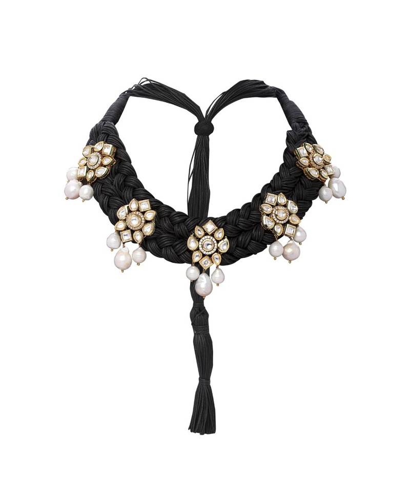 Black Satin Threaded Necklace Set With Kundan Polki Pendants & Pearls
