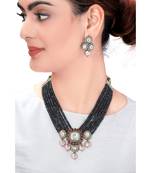 Traditional Earring & Necklace Set With Black Beads & Kundan