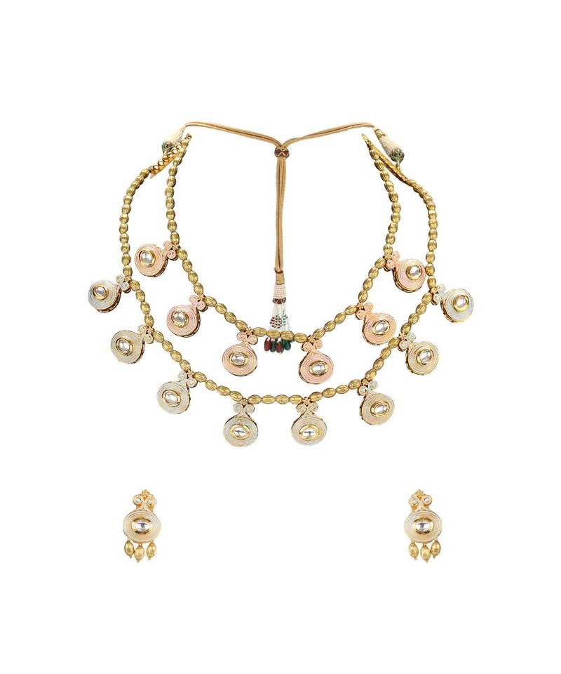 Festive Gold Polish Beaded  Necklace Set With Kundan