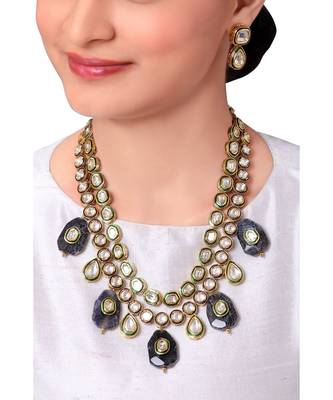 Classic Layered Kundan Earring & Necklace Set With Green Enamelling  &  Black Agate Stones 1