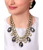 Classic Layered Kundan Earring & Necklace Set With Green Enamelling  &  Black Agate Stones