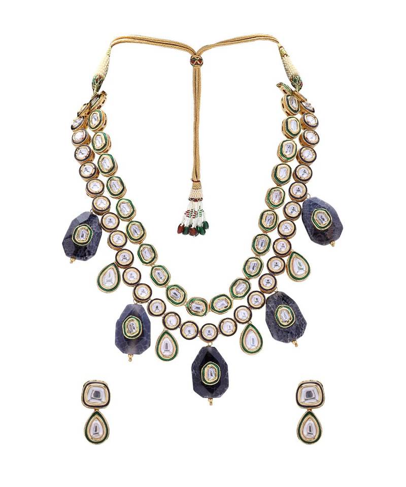 Classic Layered Kundan Earring & Necklace Set With Green Enamelling  &  Black Agate Stones
