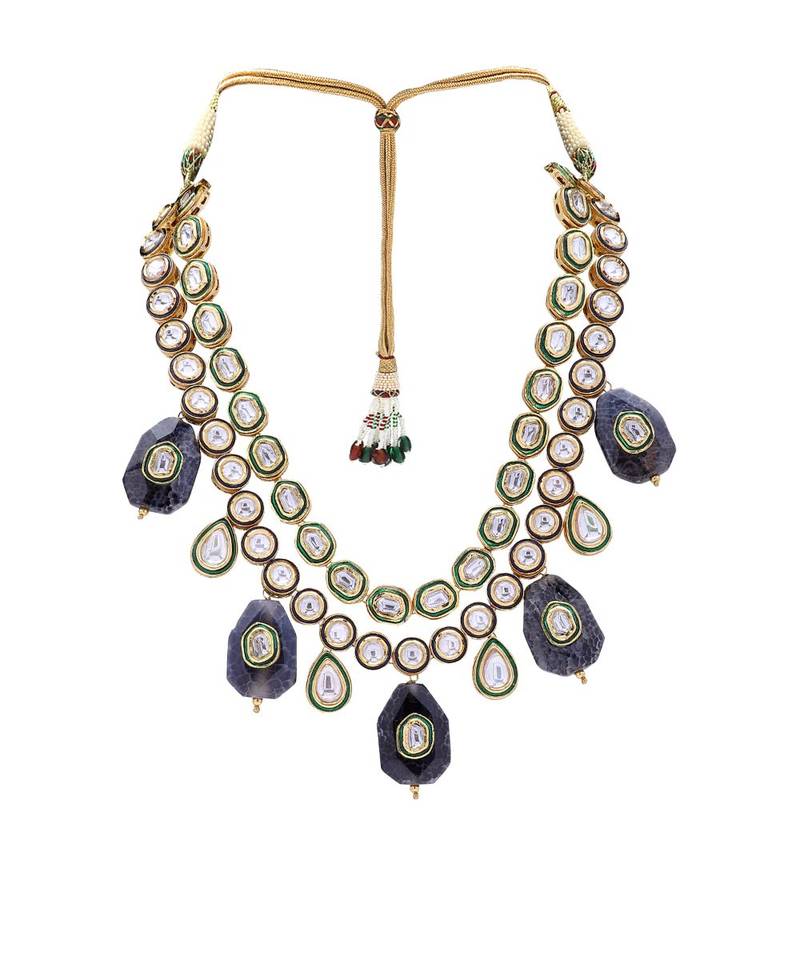 Classic Layered Kundan Earring & Necklace Set With Green Enamelling  &  Black Agate Stones