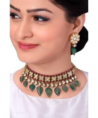 Extravagant Bridal Earring & Choker Set With Kundan & Red & Green Semi Precious Stones 1