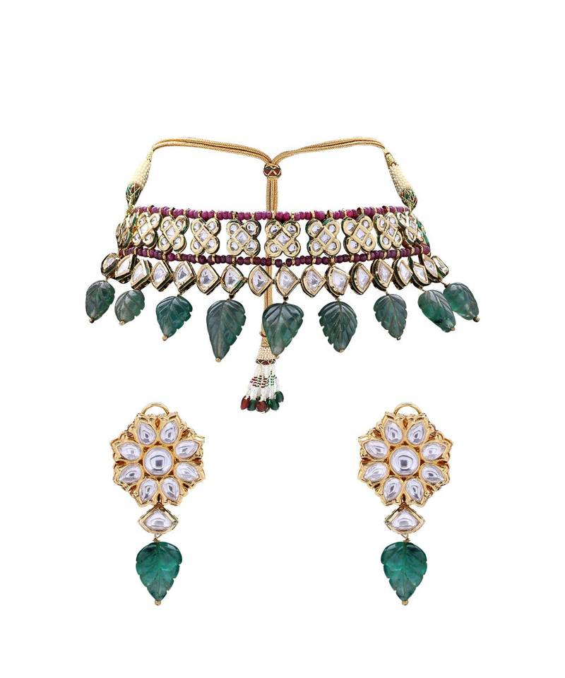 Extravagant Bridal Earring & Choker Set With Kundan & Red & Green Semi Precious Stones
