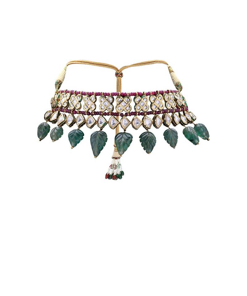 Extravagant Bridal Earring & Choker Set With Kundan & Red & Green Semi Precious Stones