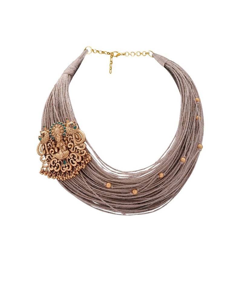 Festive Necklace Set With Gold Toned Temple Broach & Jute