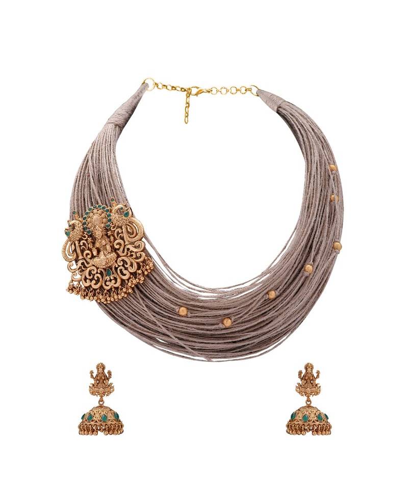 Festive Necklace Set With Gold Toned Temple Broach & Jute