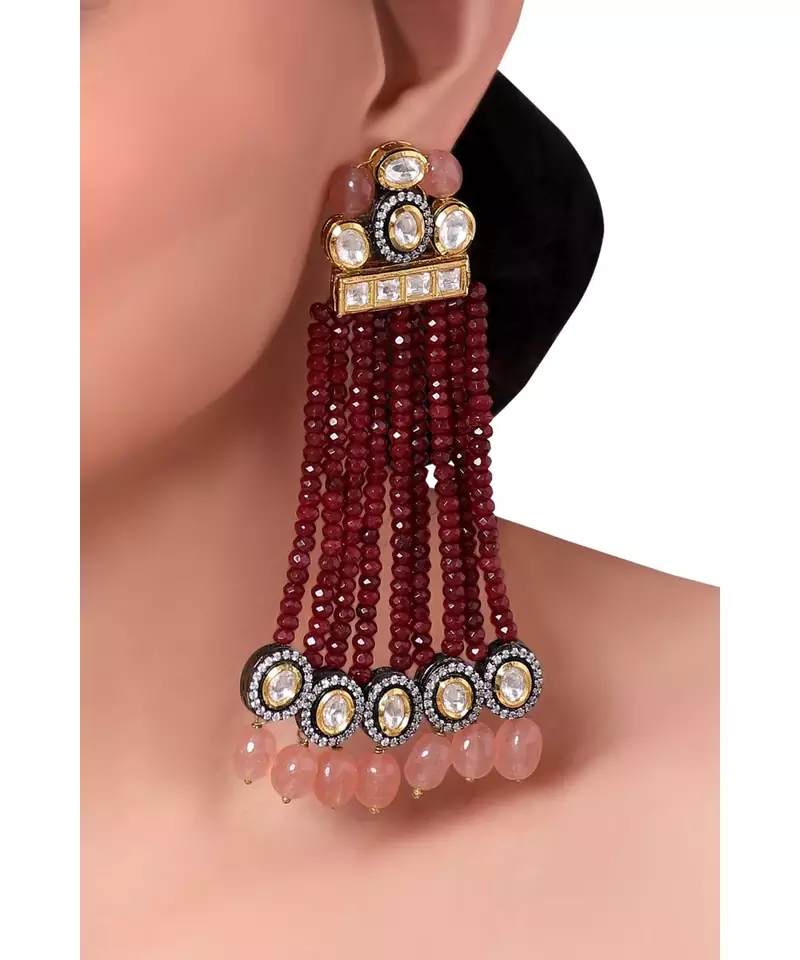 Classic Kundan Earring With Red Agate Beads & Rose Quartz