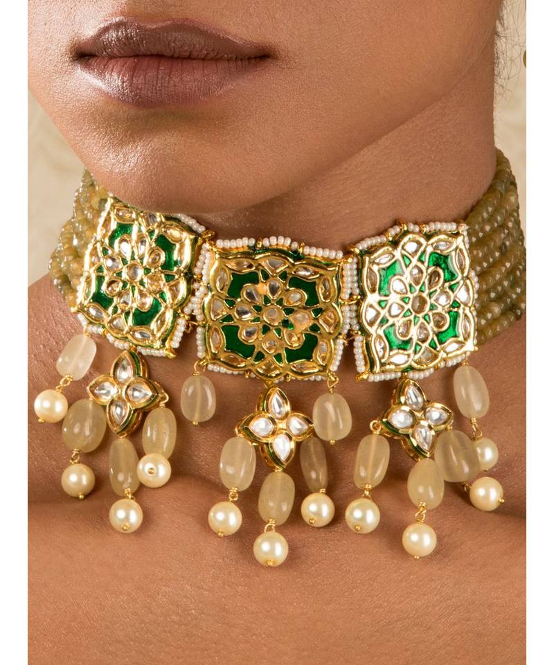 Allure Enamelled Green Kundan Necklace And Earrings Set