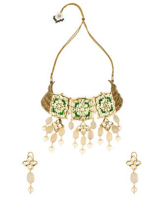 Allure Enamelled Green Kundan Necklace And Earrings Set 3
