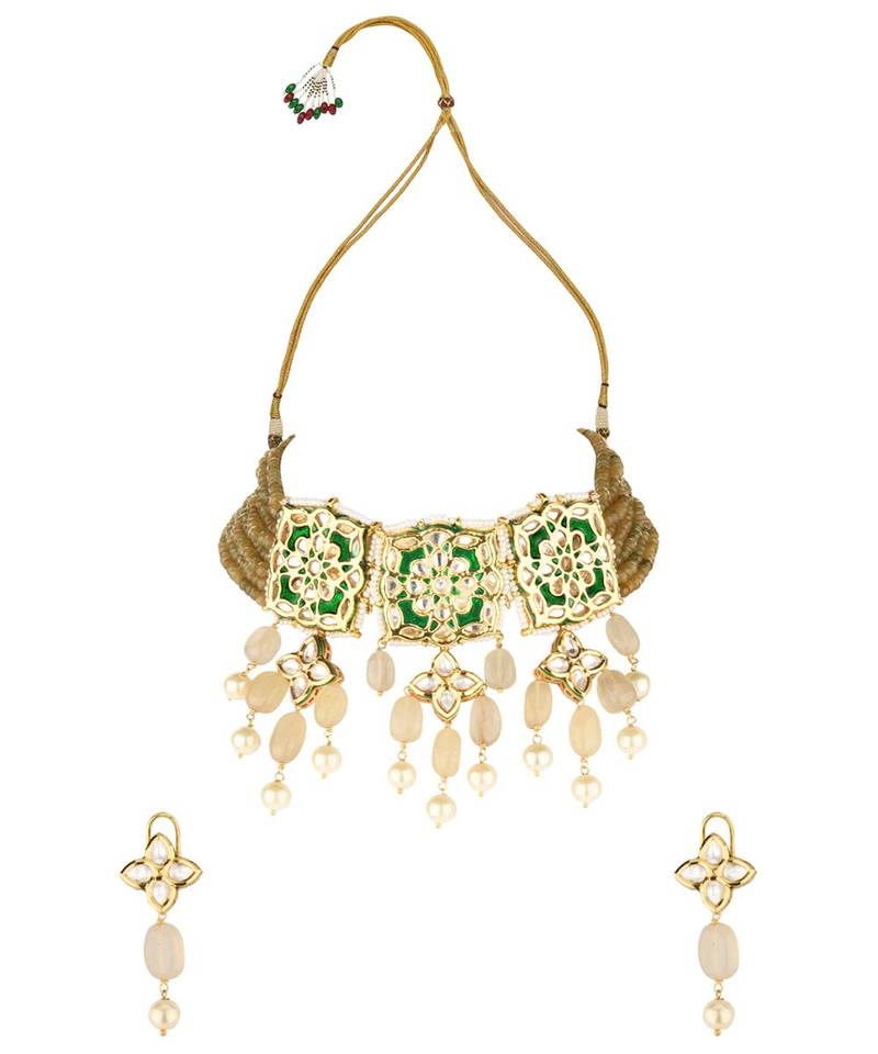 Allure Enamelled Green Kundan Necklace And Earrings Set
