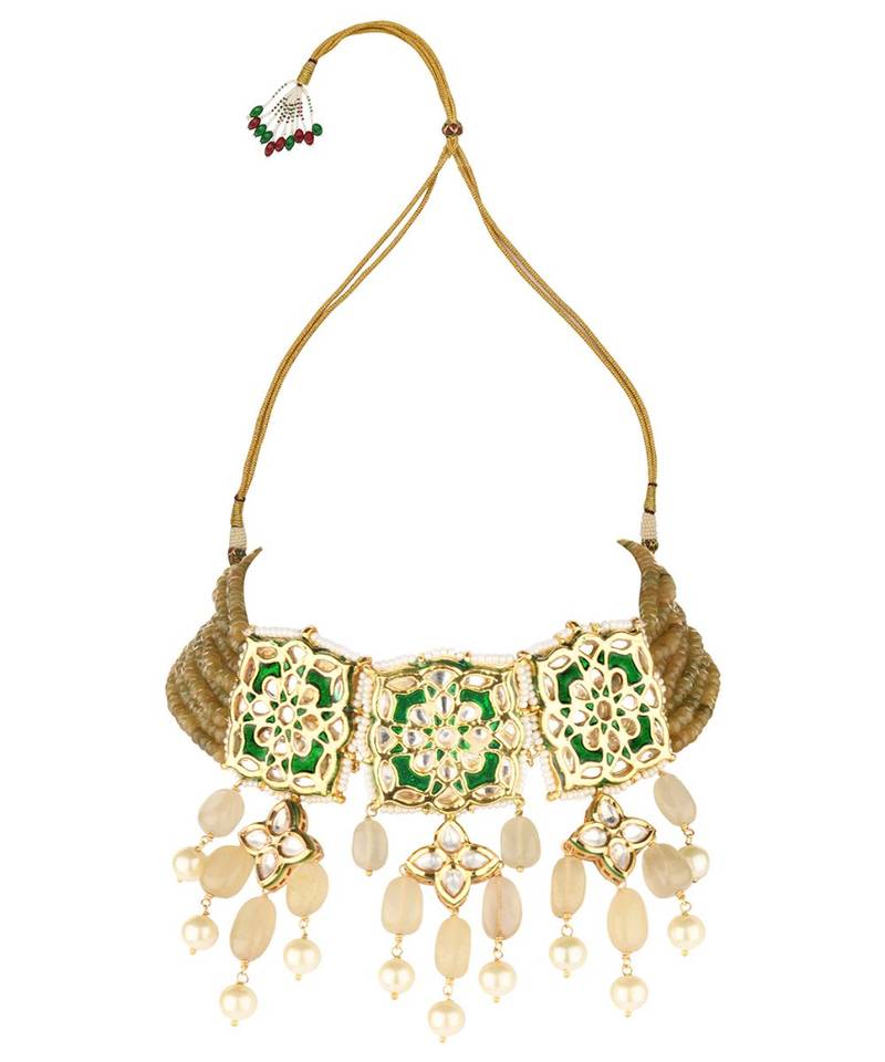 Allure Enamelled Green Kundan Necklace And Earrings Set
