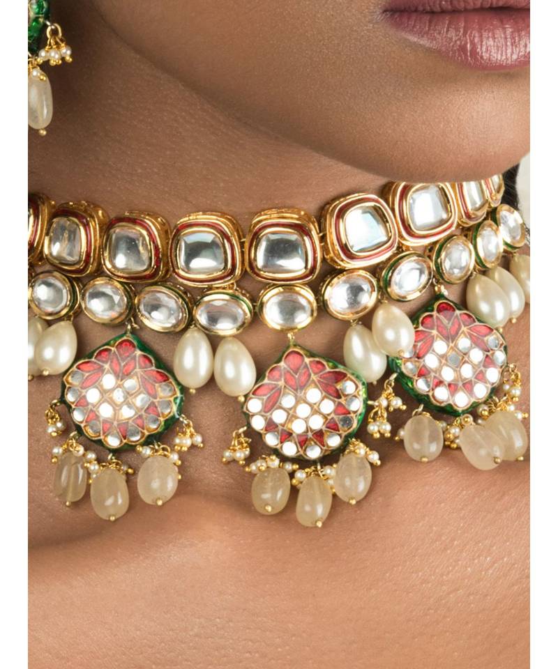 Pristine Enamelled Red And Off White Kundan Necklace And Earring Set