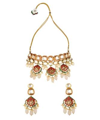 Pristine Enamelled Red And Off White Kundan Necklace And Earring Set 3