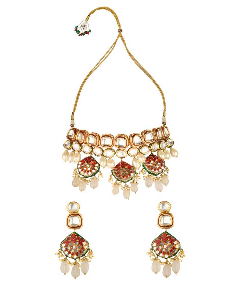 Pristine Enamelled Red And Off White Kundan Necklace And Earring Set