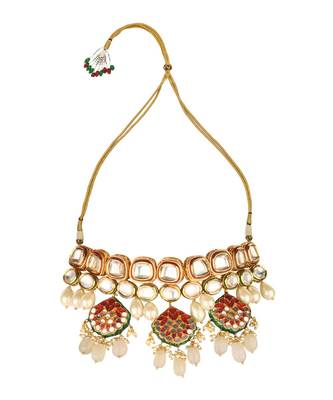 Pristine Enamelled Red And Off White Kundan Necklace And Earring Set 4