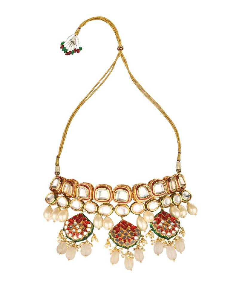 Pristine Enamelled Red And Off White Kundan Necklace And Earring Set