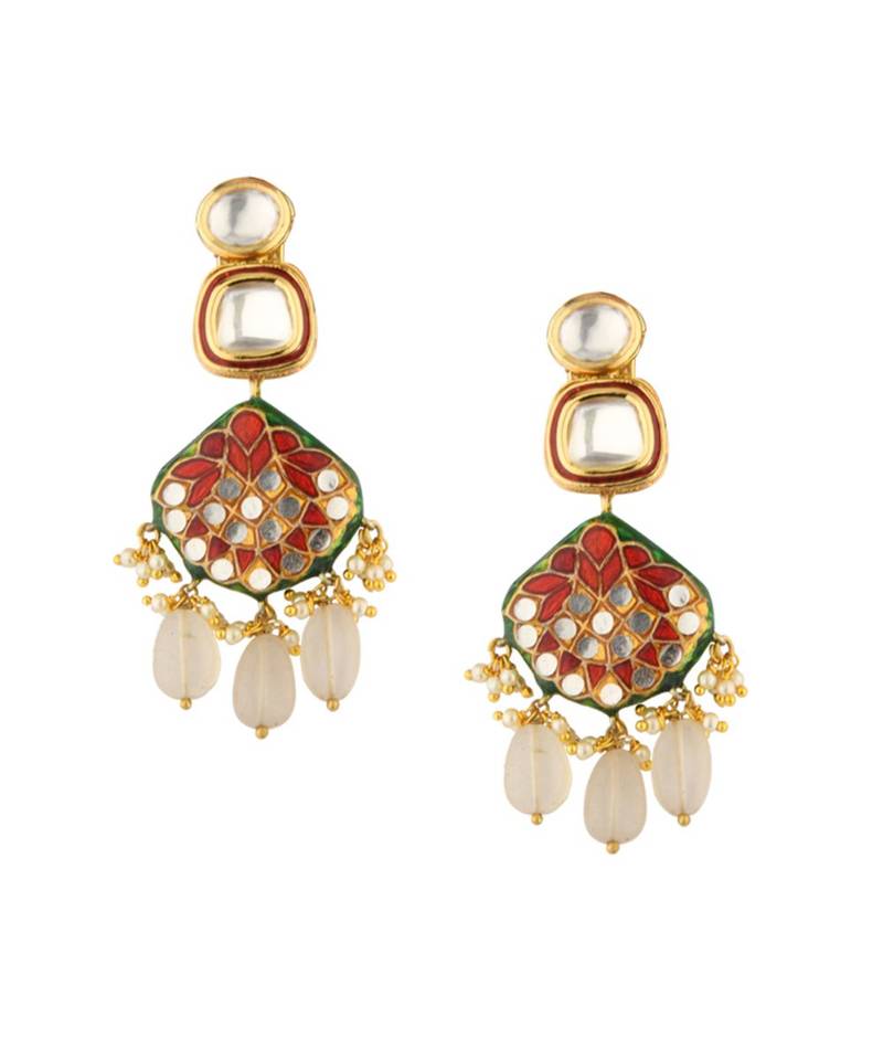 Pristine Enamelled Red And Off White Kundan Necklace And Earring Set