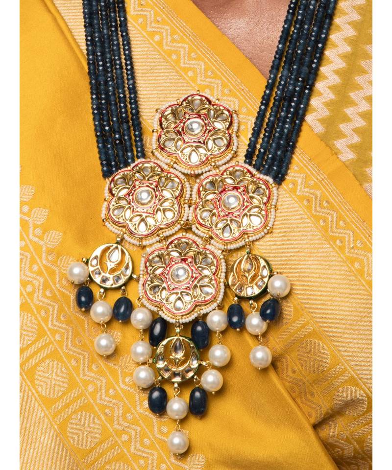 Regal Raga Enamelled Blue Kundan And  Pearls Necklace And Earrings Set