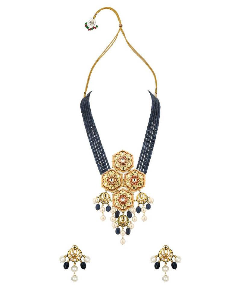 Regal Raga Enamelled Blue Kundan And  Pearls Necklace And Earrings Set