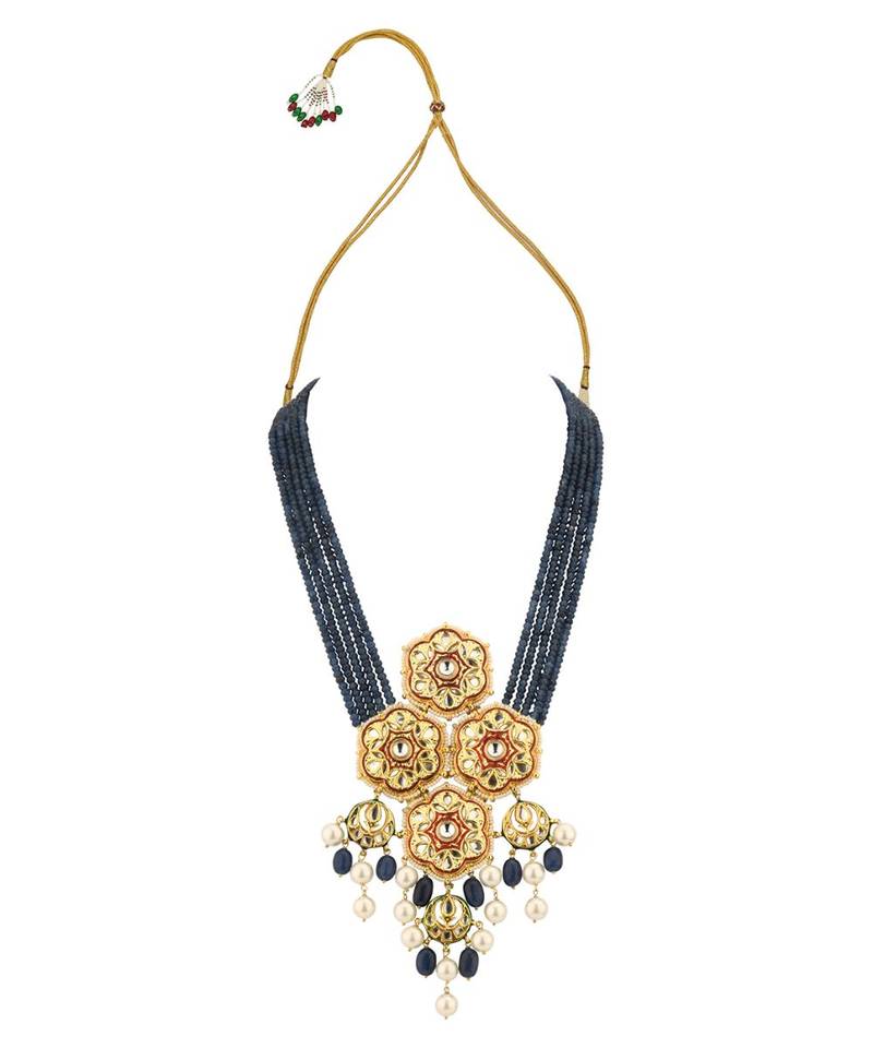 Regal Raga Enamelled Blue Kundan And  Pearls Necklace And Earrings Set