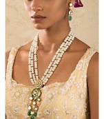 Classique Enamelled White And Green Enamelled Kundan And  Pearls Necklace And Earrings Set.