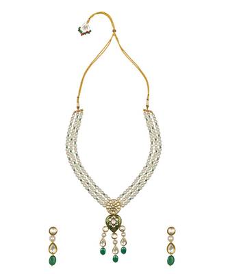 Classique Enamelled White And Green Enamelled Kundan And  Pearls Necklace And Earrings Set. 3