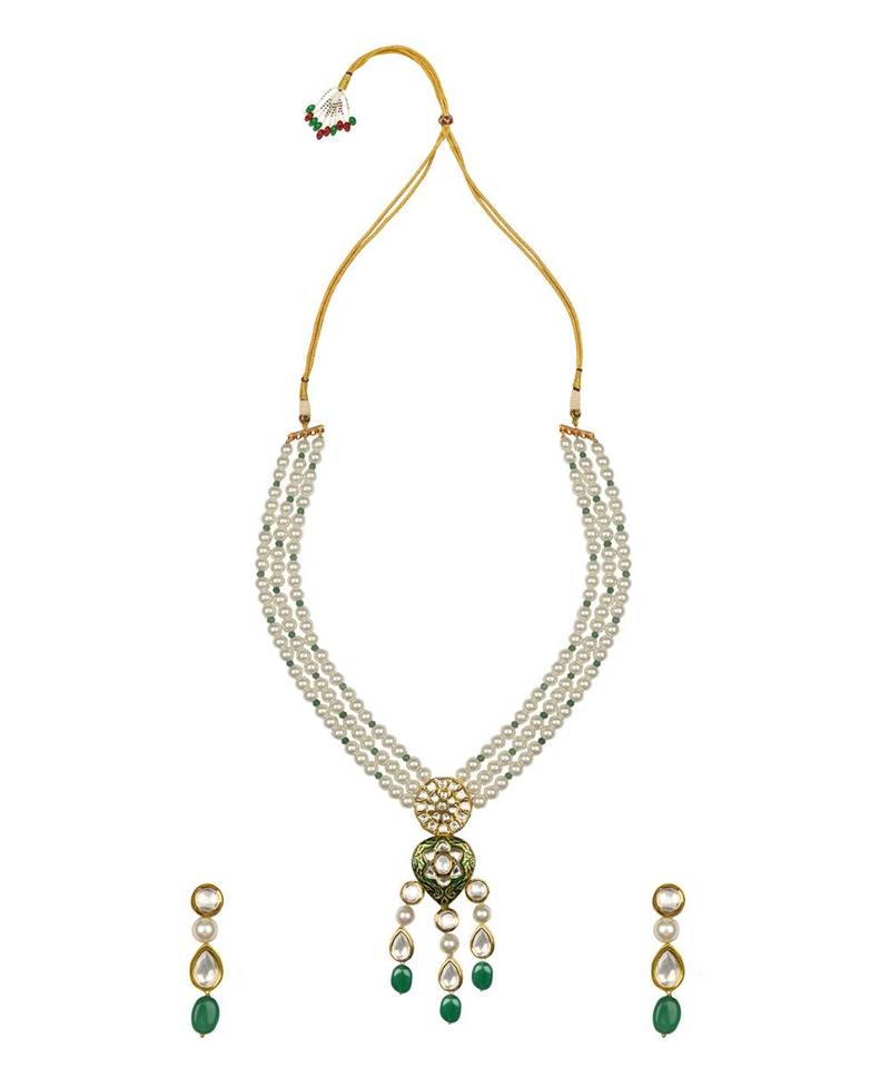Classique Enamelled White And Green Enamelled Kundan And  Pearls Necklace And Earrings Set.