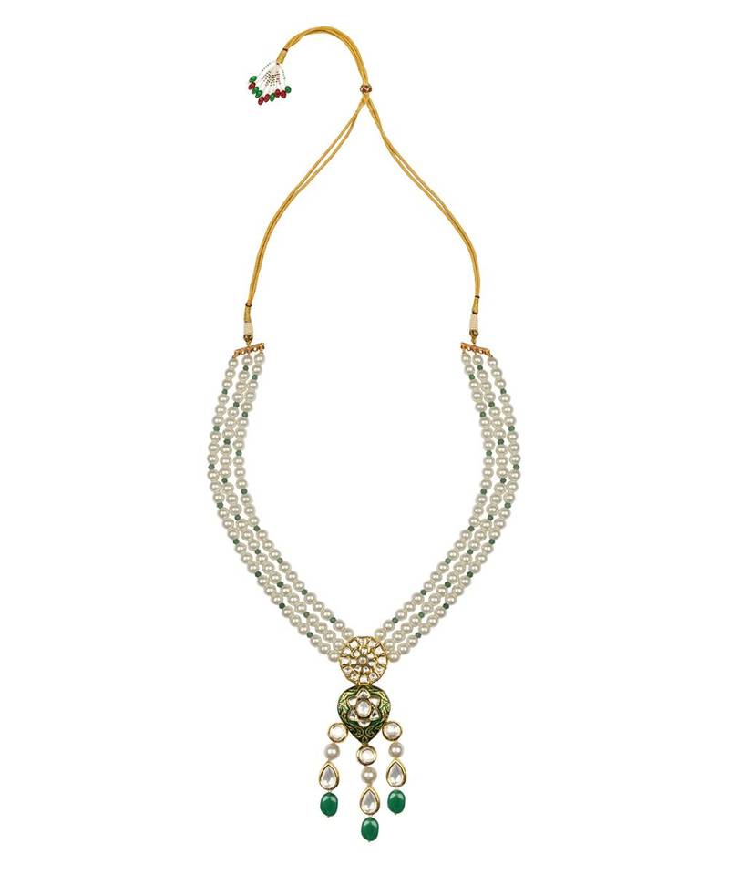 Classique Enamelled White And Green Enamelled Kundan And  Pearls Necklace And Earrings Set.
